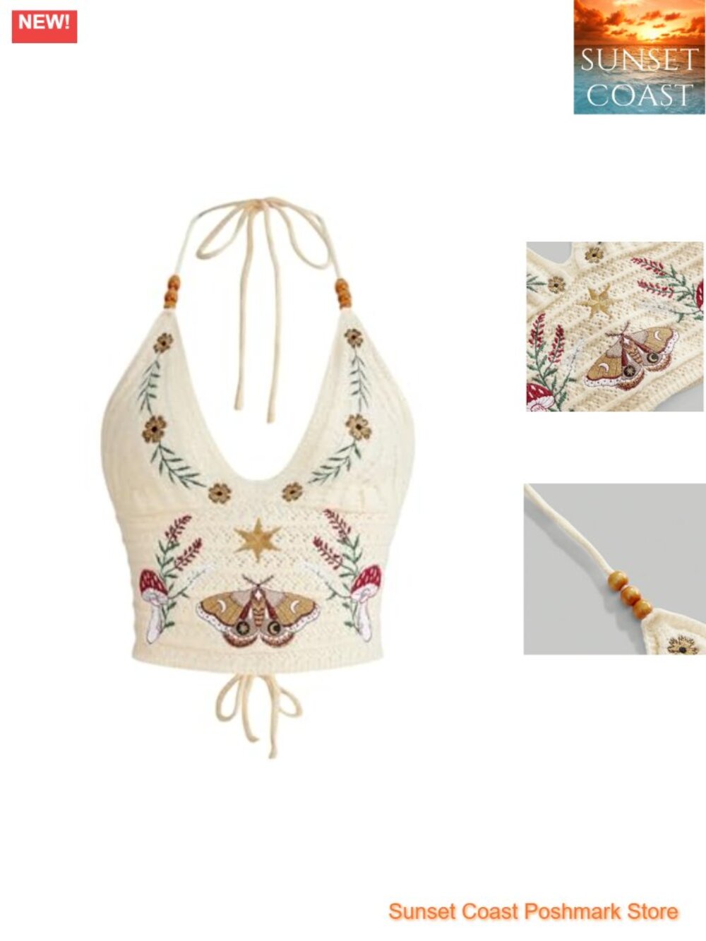 70s Crochet Boho Crop Top Halter Tie Back Eyelet Embroidered Festival Sleeveless